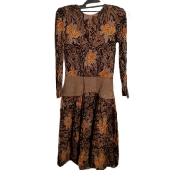 Vintage Dresses & Skirts - Vintage Dress 1980s Midi Brown Faux Suede Waist Brown Size 12